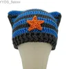 Beanie/Skull Caps Sticked Beanie Hat For Women Harajuku Style Cat Ear Hat Handgjorda virkade hatt Fashion Y2K Star Hat Winter Warm Headwear YQ231108