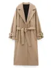 Damen Wollmischungen TRAF Camel Langer Mantel Damen Faux Wolljacke Oberbekleidung Langarm Damen Mäntel Ankunft Eleganter Gürtel Damen Wintermantel 231109