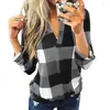 Yoga Outfits Autumn Shirt Women Plaid T Plus Size V-neck Casual Blouse Female Loose Long Sleeve T-shirt Sport Tops 2023