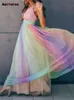 女性のためのレインボーファッションカジュアルスパゲッティストラップマキシシックエレガントvネックメッシュノースリーブサマードレス
