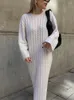 Robes décontractées Solide Femmes Côtelé Tricoté Robe Midi Lâche O-cou À Manches Longues Dame 2023 Automne Femme Chic Streetwear Robe