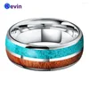 Anneaux De Mariage 8mm Couleur Originale Bague En Carbure De Tungstène Hommes Femmes Mode Bande De Fiançailles Avec Turquoise Koa Bois Incrustation Confort Fit