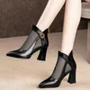 Elbise ayakkabıları kadın yaz örgü botları yüksek topuk fermuar seksi siyah dantel-up kare sandalet pompalar bayanlar zapatos de mujer
