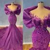 Purple Mermaid Prom Dresses Cap Sleeves Organza Elegant Long Vestidos robes de soiree Sparkling Beaded Sequined Party Club Formal Evening Dress African Wear