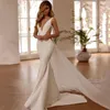 Elegant Soft Satin Wedding Dress Women 2024 Mermaid Open Back V-Neck Side Split Pearls Beading Bridal Gown Sweep Train Vestidos De Novia