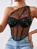 Kvinnotankar wsevypo se-through Pearl Beadings Sheer Mesh Bustiers Women Sexig ärmlösa en axelband korsetter Crop Tops Streetwear