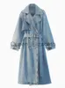 Mélanges de laine pour femmes RR2418 Trench-coat en Denim x-long pour femmes ceinture à la taille Slim Jean manteaux dames Jaqueta Feminina bleu Jean veste femme J231109