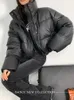 Kadınlar Parkas Jmprs Amerikan Bisikletçisi Kadın Pu Puffy Coat Kış Retro Kırpılmış Günlük Kalın Sıcak Lady Uzun Kollu Gevşek Pamuk Palto 231109