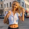 T-shirt da donna Waatfaak Summer Button Up White Crop Top Shirt Vintage Casual manica corta Tshirt Donna Turndown Collar E-girl Tee 2023