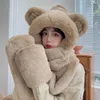 BeanieSkull Caps Inverno Estilo Simples Engrossado Quente Lenço de Pelúcia Allinone Com Capuz Threeinone Bonito Urso Orelha Chapéu Feminino Máscara de Esqui 231109