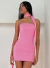 Casual Dresses Pink Bodycon Dress With Scarf Sexy Off The Shoulder Summer Mini Elegant Party Evening For Women Vestidos