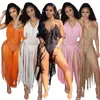 Robes décontractées Sexy Crochet Tricoté Plage Robe d'été Femmes Halter Col V-Col V-Col Dos Sans Dos Maxi Vacances Sheer Long Maillot De Bain 2023