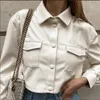 Veste femme culture hauts en cuir couleur unie noir blanc manches longues bouton ouvert devant revers manteau avec poches Streetwear 231109