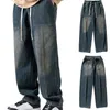 Calças de brim masculinas vintage retalhos design moda solta cordão calças oversized perna larga calças masculinas streetwear roupas