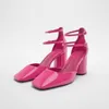 Sandals Womans Pink Leather High Heels Sexy Block Hel Culcs Женщины повседневные квадратные носки обувь 230406