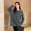 Women's Sweaters Off Shoulder Sweater Women Tops Autumn/Winter Loose And Lazy Round Neck Korean Mesh Panel Design Knitted Pullover Mid