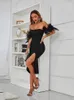 Abiti casual Sexy con spalle scoperte Piuma Midi Abito fasciatura Donna Balck Elegante senza maniche senza maniche Celebrity Party Club Dres