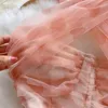 Casual Dresses Pink Halter Elegant Dress A Line Solid Color Puff Long Sleeve Robe Belt Slim midje Ruffles Patchwork Vestidos 2023