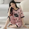 Women's Sleepwear Knitted Cotton Pijama Cartoon Pajamas Sets Women Pyjamas Summer Sleepwear jer Nightwear Plus Size Calf-Length Pants HomewearL231109