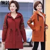 Women's Trench Coats Middle-Aged Mother Spring Autumn Coat 2023Middle Length Embroidered Ladies Jacket Hooded Receive Waist Women