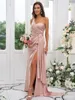 Robes de soirée Rose Élégant Une Épaule Robe De Bal Longue Ruché Satin Fente Sans Manches Gaine Femme Soirée Longueur Sol