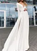 女性のためのハイウエストマキシ新しいファッション長袖vネックビンテージドレスエレガントなスプリットイブニングドレス