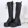 Boots Chunky Knee High Boots Women Platform Heels PU Leather Black Retro Punk Long Boots Female Lace Up Winter Shoes 231108