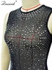 Sıradan elbiseler znaiml lüks ışıltılı kristal rhinestone noel akşam bodycon uzun elbise kadın örgü doğum günü gecesi gör