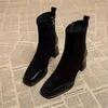 Botas de bota con punta cuadrada, Zapatos sólidos para Mujer, tendencia al aire libre, tacón de tubo corto, tacones altos con cremallera, Zapatos De Mujer 231109