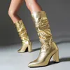 Boots Fashion Luxury Women's Silver Sequined High Heels Winter Golden Sexy Ladies Shoes Point Toe Pleated Midcalf 231109