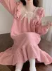 Women's Sleepwear Fleece Nightgown Lace Womens Ruffles Night Dress One Piece Pajamas Korean Style Winter Knee Length Bow Home Wear 2023