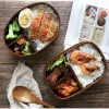 Trä lunchlåda picknick japansk bento box för skola barn servis set rund fyrkantig lunchlåda