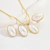 Stud Korean Chain Oval Pearl Necklace Earring Ring Set For Women Natural Gold Plated Justerbara smycken 231109