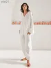 Vêtements de nuit pour femmes Hiloc White Cotton Nightwear Long Sle Femmes Pyjama Taille Haute Pantalon Ensemble Simple Boutonnage Col V Accueil Costume Printemps Femme SuitL231109