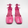 Sandals Womans Pink Leather High Heels Sexy Block Hel Culcs Женщины повседневные квадратные носки обувь 230406