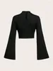 Women's Blouses Casual Black Mock Neck Flare Long Sleeve Crop Top Women Fall Winter Y2K Clothes Solid Color Slim Fit Tee Shirt Blouse