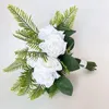 Wedding Flowers Bride Bukiet białe róże jedwabne sztuczne zielone liście ręcznie robione ślubne druhny bukiety akcesoria małżeńskie