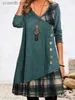 Basic Casual Dresses Autumn 2022 New V-neck Panel Decorative Button Long Sleeve Plaid Print Dress T231109