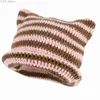 Beanie/Skull Caps Women Cat Ears Hats Soft Slouchy Striped Knitted Hat Trendy Winter Warm Crochet Braided Knitted Winter Hats Unisex Gentleman Hat YQ231108