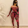 Pantalon de deux pièces pour femmes Mesh Sexy Transparent Femmes Co-ord Set Lettre Imprimer Off Épaule 2 Tenue 2023 Body à manches longues et ensembles