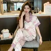 Kobietowa odzież sutowa Sukae luksus Jacquard Ice Silk Pajamas Sets Sets swobodne swetry na krótkie kiszki Sleep Floral Sily Pijamas Lady HomeSuitl231109