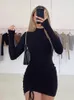 Basic Casual Jurken Lange Mouw Ruches Bodycon Jurk Dames Coltrui Bandage Mini Herfst Zwart Skinny Stretch Party Vestidos 231109