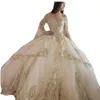 Quinceanera robes champagne robe de bal brillante sur les paillettes de dentelle à paillettes à paille