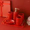 Bath Accessory Set Red Wedding Supplies Kit Marble Texture Ceramics Bathroom Accessories Storage Tray Toilet Wash Soap Dispenser Toothbrush