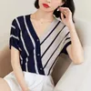 Kobiety swetry Tops Summer w paski w paski z szwy z dzianiny z krótkim rękawem koreański styl pullover Temperament Topswomen's