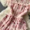 Robes décontractées Luxruy mode printemps été rose maille fleur broderie robe 2023 nouvelles femmes élégantes à manches courtes volants Tulle genou Vestidos