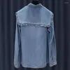 Women's Blouses 2023 Fashion Female Denim Shirt Spring Autumn Splicing Side Of Shawl Collar Loose Tops Washed Women's Cowgirl