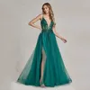 2024 sexy verde com decote em v tule vestido de festa à noite cintas lantejoulas rendas silte a linha vestidos formais até o chão vestidos de gala robe de soiree