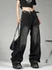 Women's Pants High Street American Washed Retro Jeans Y2K Gothic Fashion Stitching Silhouette Straight Wide-leg For Men And Women