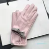 Gants en peau de mouton pour femmes, design court, en cuir véritable, avec nœud, gant de moto rose